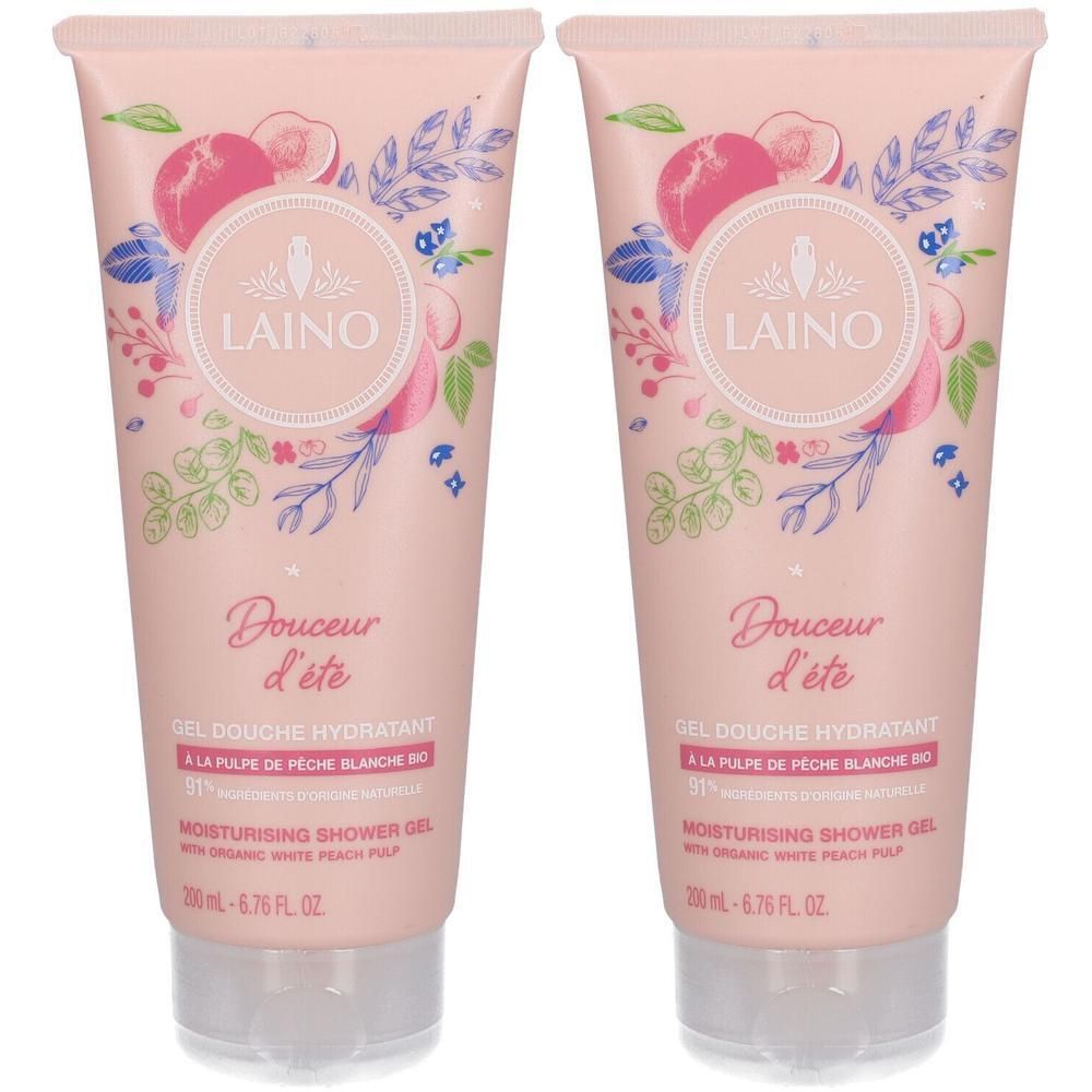 Twee flacons LAINO Hydraterende Douchegel Witte Perzik met perzik- en bloemendecoratie.