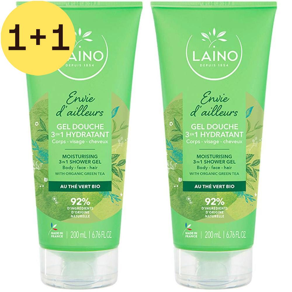 Twee groene tubes douchegel. Opschrift: Laino, Gel Douche 3-in-1, met biologische groene thee. 1+1 actie. 200 ml.