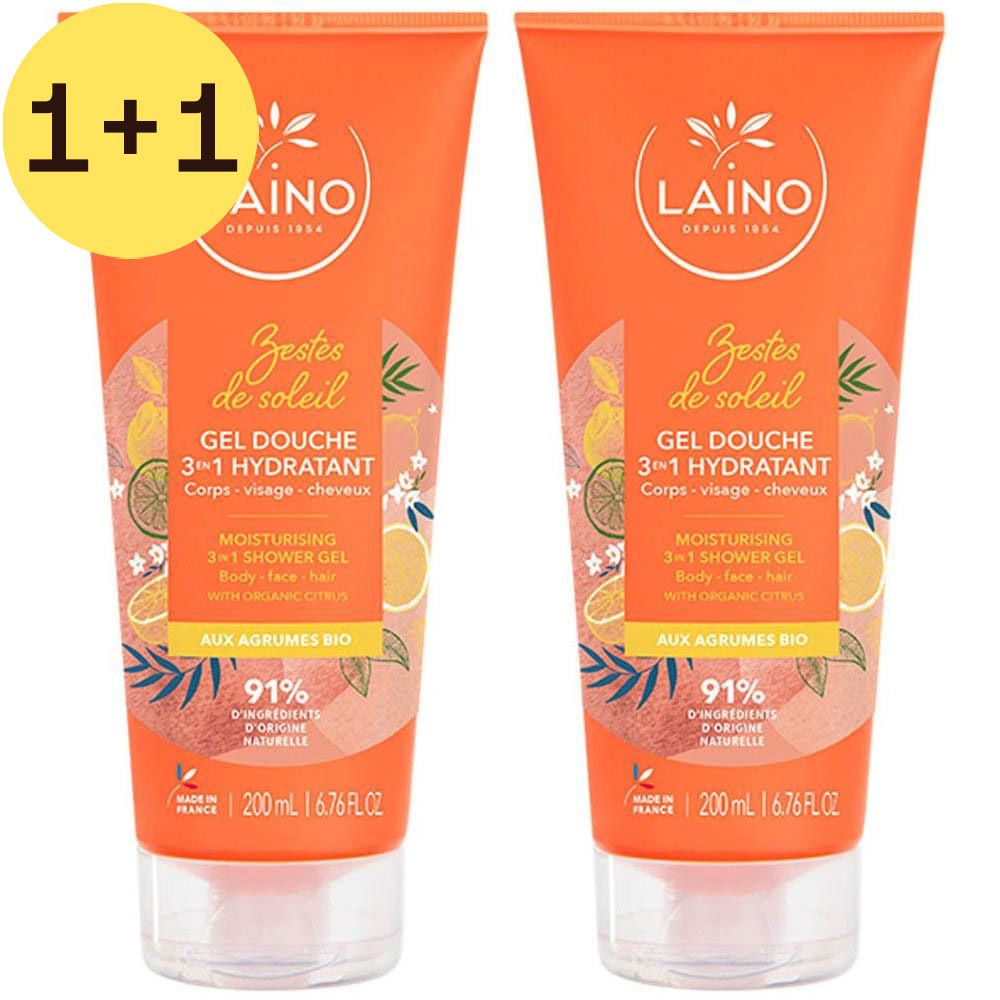 Deux tubes de gel douche orange. Inscriptions : "LAINO", "Gel Douche 3 en 1 Hydratant", "91% d'ingrédients naturels".