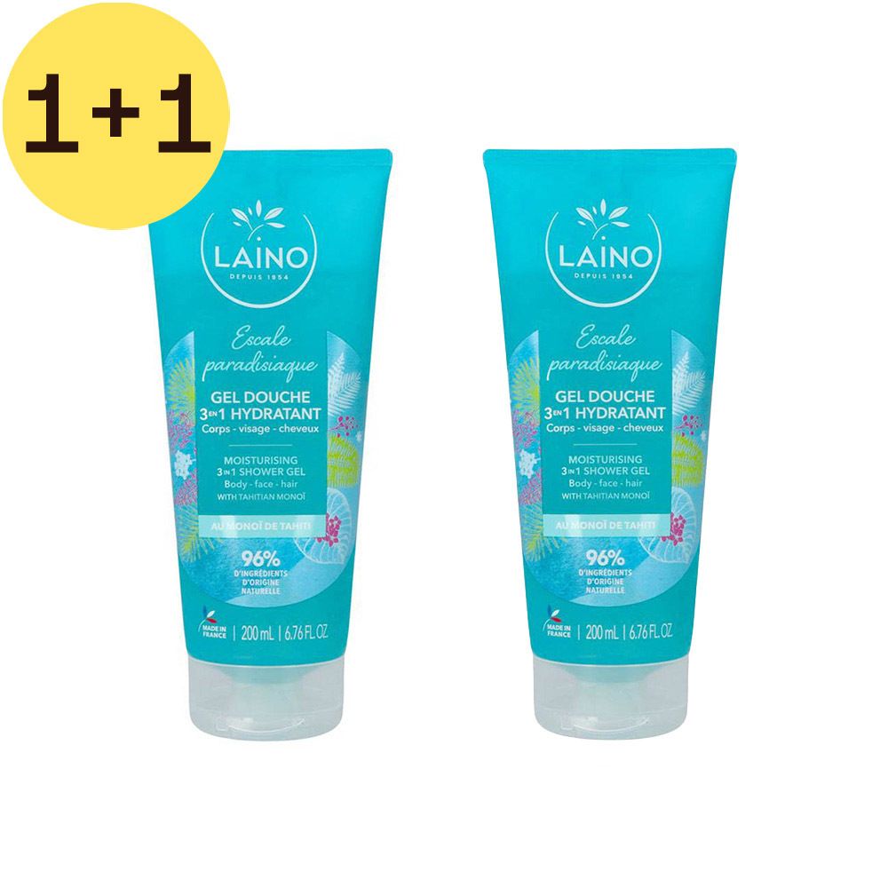 Deux tubes de gel douche bleu. Inscription: Laino, Gel Douche Hydratant 3 en 1. Offre 1+1. 96% d'ingrédients d'origine naturelle.