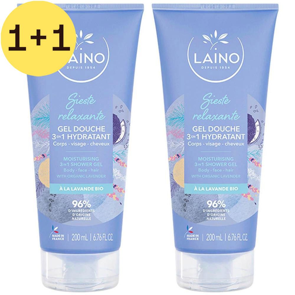 Deux tubes bleus de gel douche avec mentions produit et autocollant 1+1.