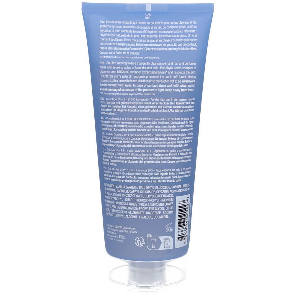 Dos d'un tube de gel douche bleu avec texte multilingue.