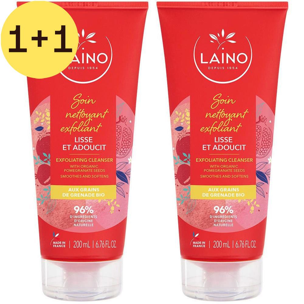 Deux tubes rouges avec impression blanche. Autocollant jaune "1+1". Texte : "Soin nettoyant exfoliant".