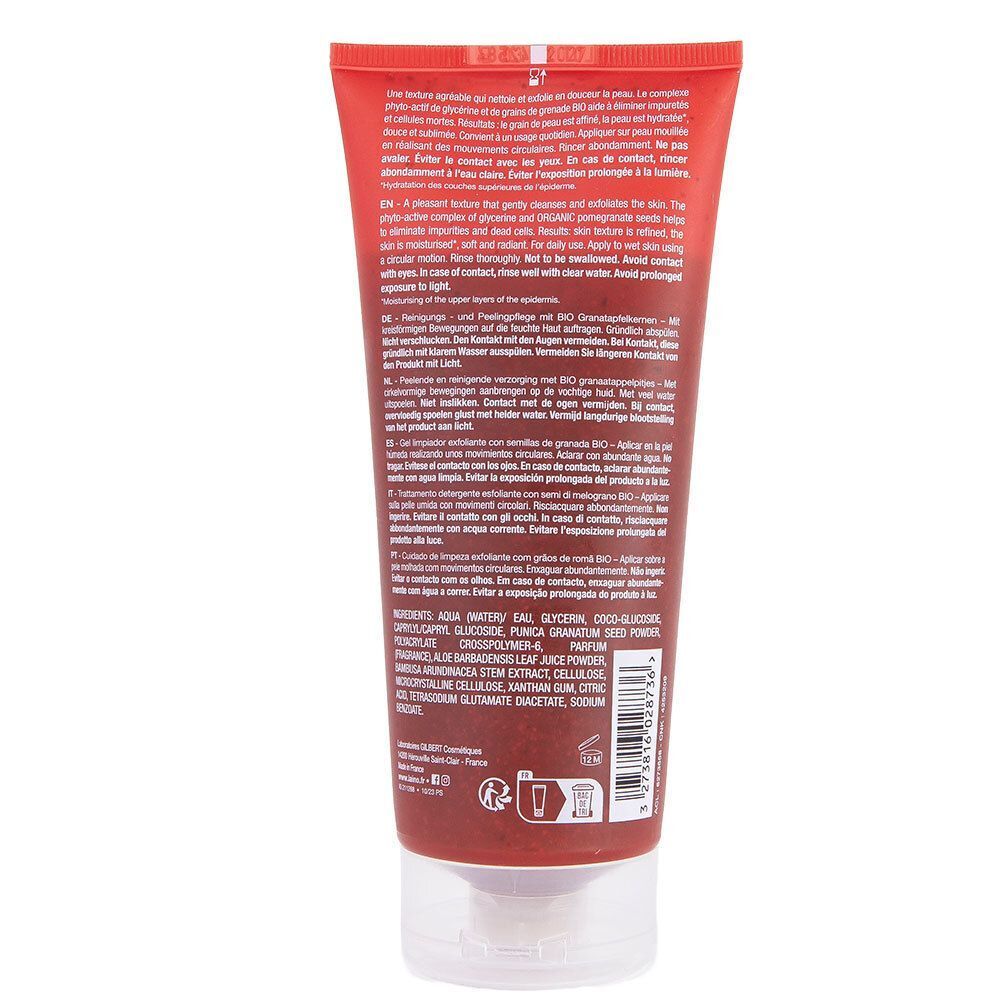 Tube rouge avec impression blanche. Dos avec texte multilingue. Fermeture transparente.