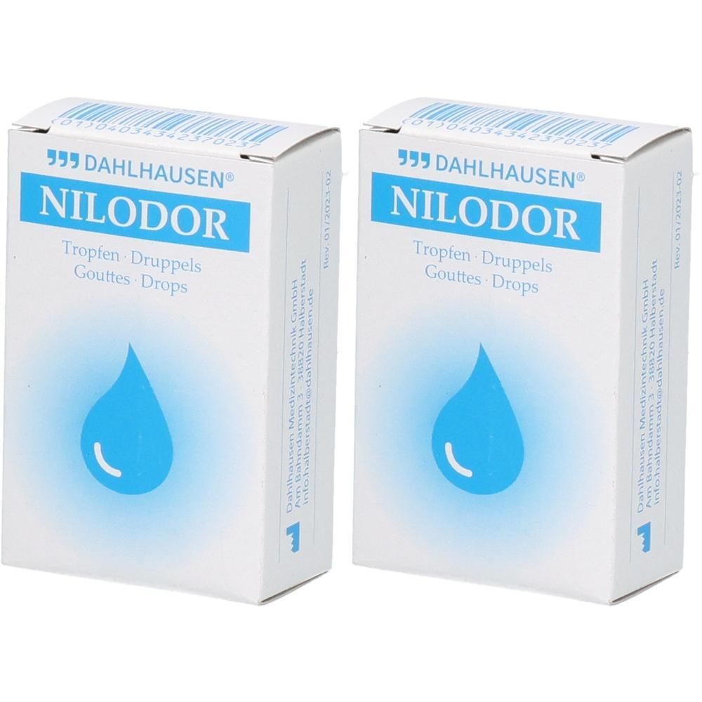 Deux boîtes de Nilodor gouttes avec un symbole de goutte bleue.