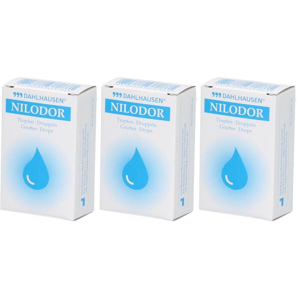 Drie dozen Nilodor druppels met blauw druppelsymbool.