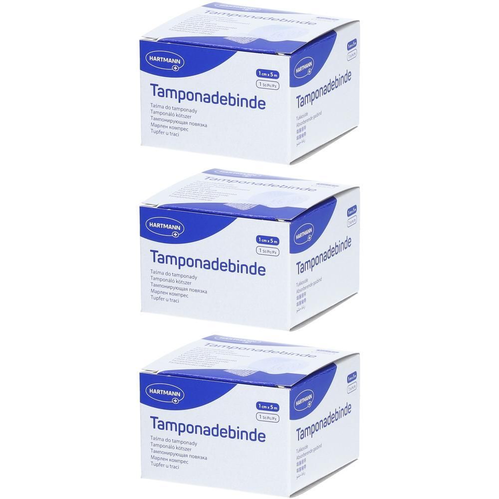 Drie dozen Hartmann Tamponadebinde, 1cm x 5m.