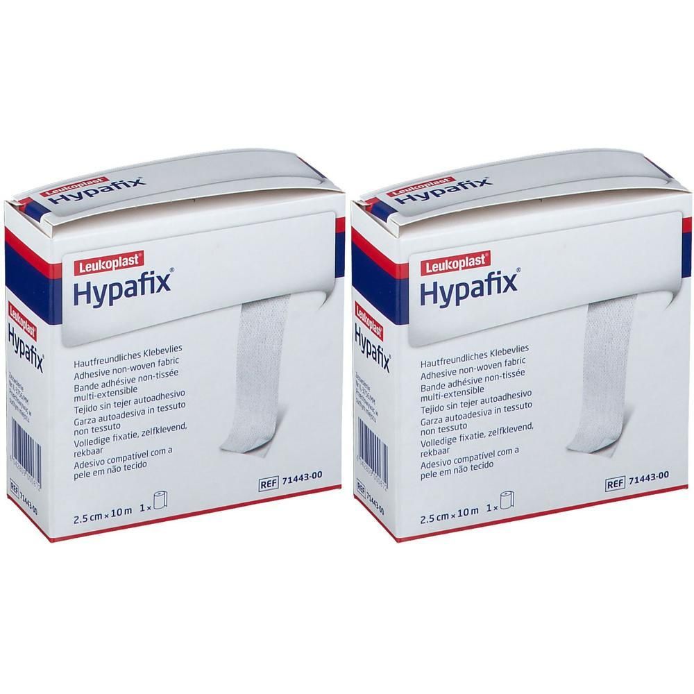 Twee dozen Hypafix, witte kleefband. Opschrift: Leukoplast, Hypafix, 2,5 cm x 10 m. Meertalige productinformatie.