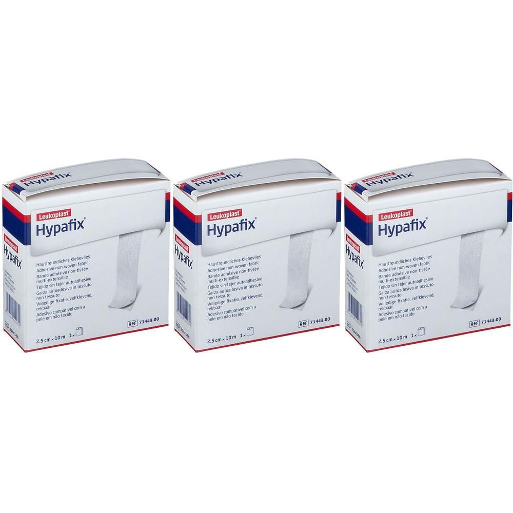 Trois boîtes de Hypafix. Pansement blanc en rouleau. Inscription : 2,5 cm x 10 m. Marque : Leukoplast.
