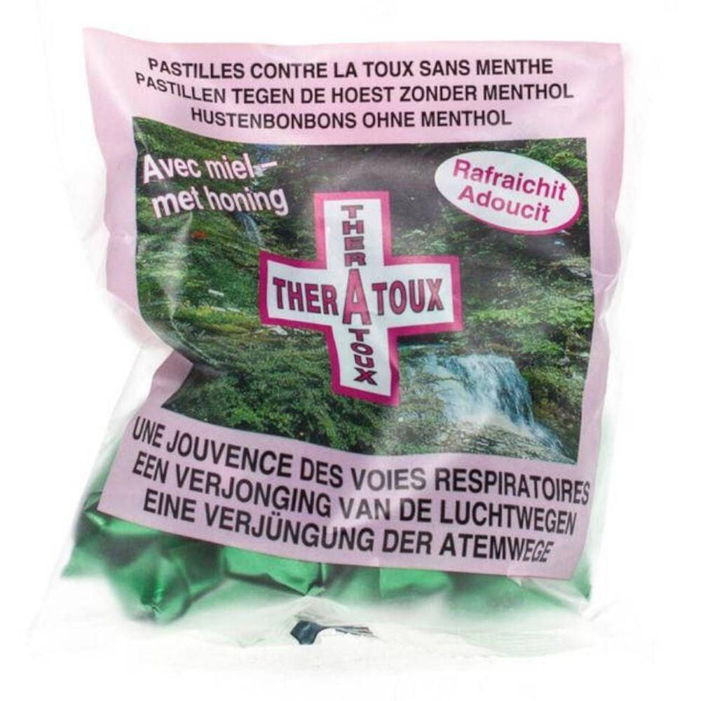 Theratoux hoestpastilles zonder menthol met honing. Verpakking met watervalafbeelding.