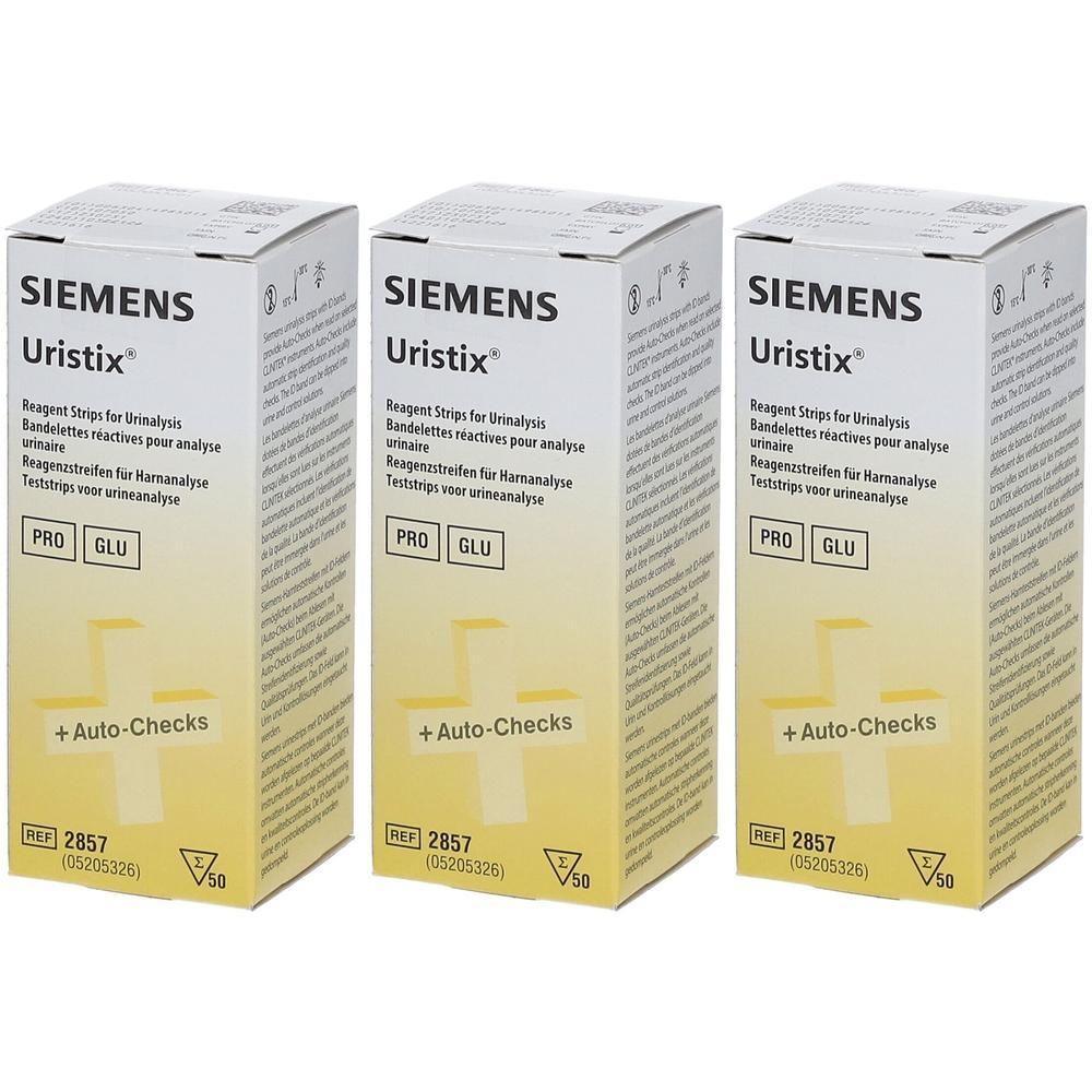 Trois boîtes de bandelettes réactives Siemens Uristix pour analyse urinaire. Champs PRO et GLU visibles.