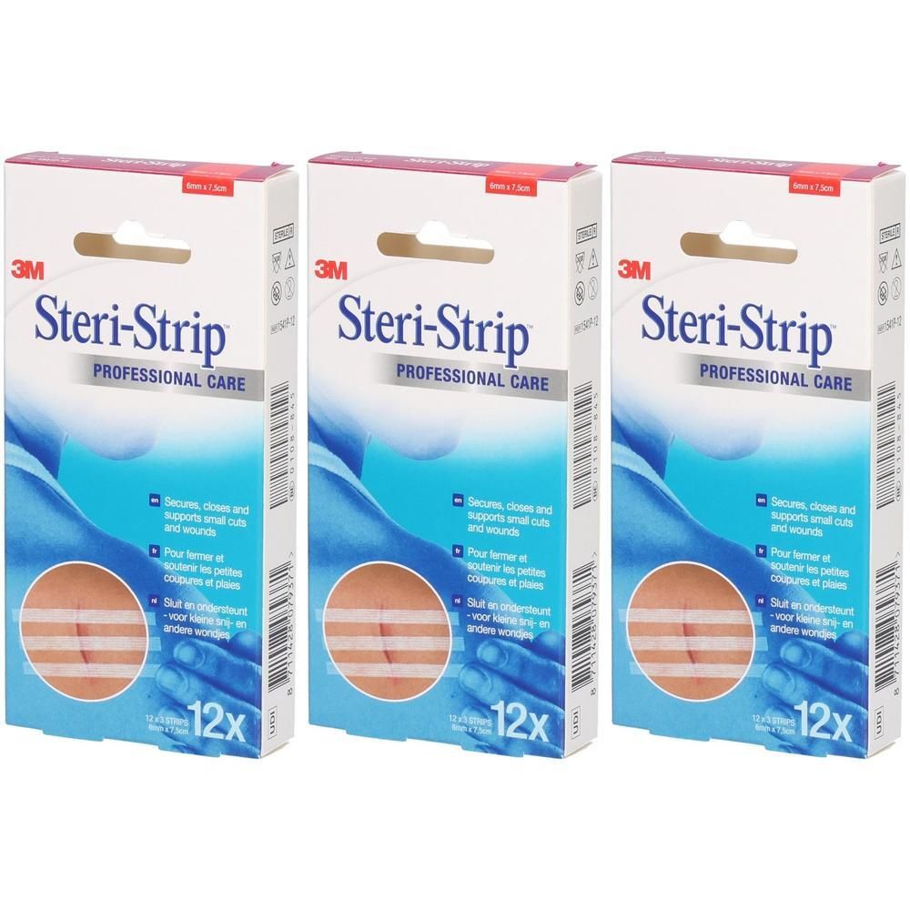 Drie pakken 3M Steri-Strip wondstrips, 12 stuks per pak.