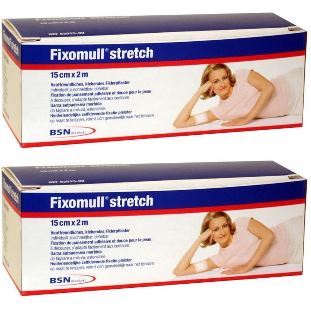 Twee dozen Fixomull stretch. Opschrift: 15cm x 2m. Een vrouw met een verband op haar arm is afgebeeld.