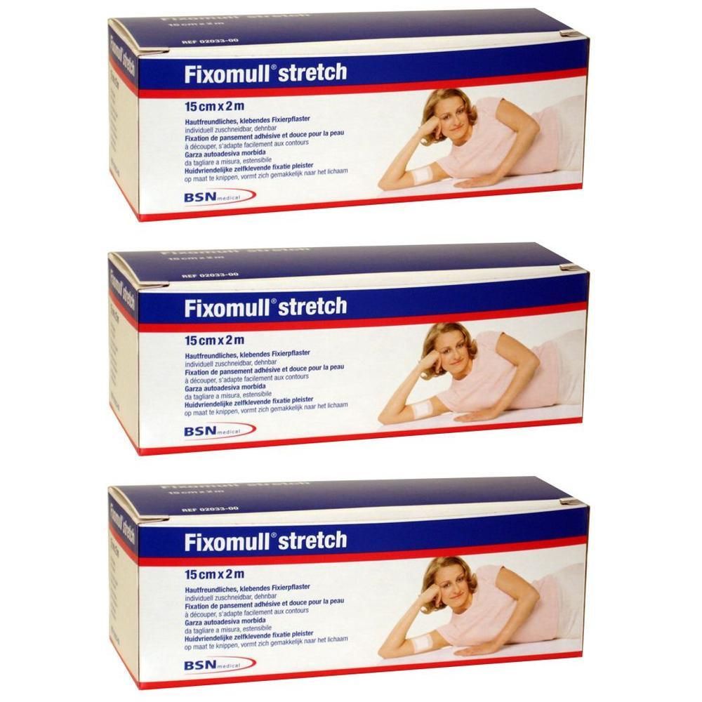 Drie dozen Fixomull stretch. Op elke doos staat de productnaam, de maat en een afbeelding van een vrouw.