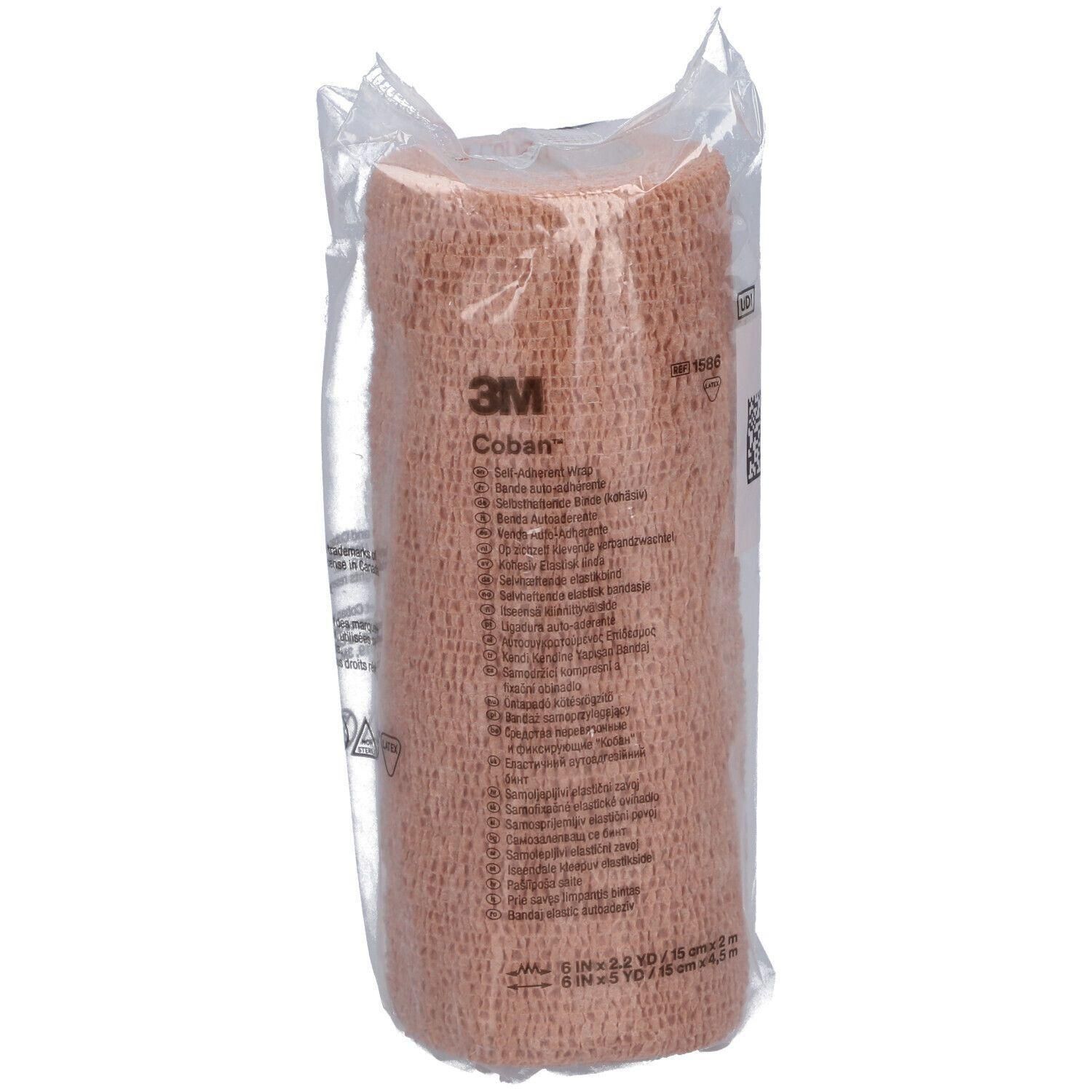 3M Coban zelfklevende verbandrol, beige, in doorzichtige verpakking.