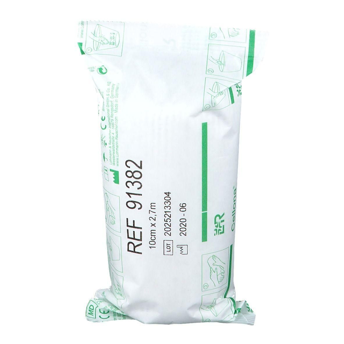 Gipsverband, 10cm x 2,7m, REF 91382, in witte verpakking met groene accenten.