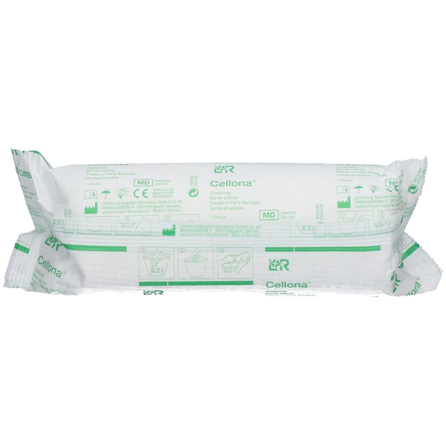Pansement Cellona emballé, blanc avec marquages et texte verts.