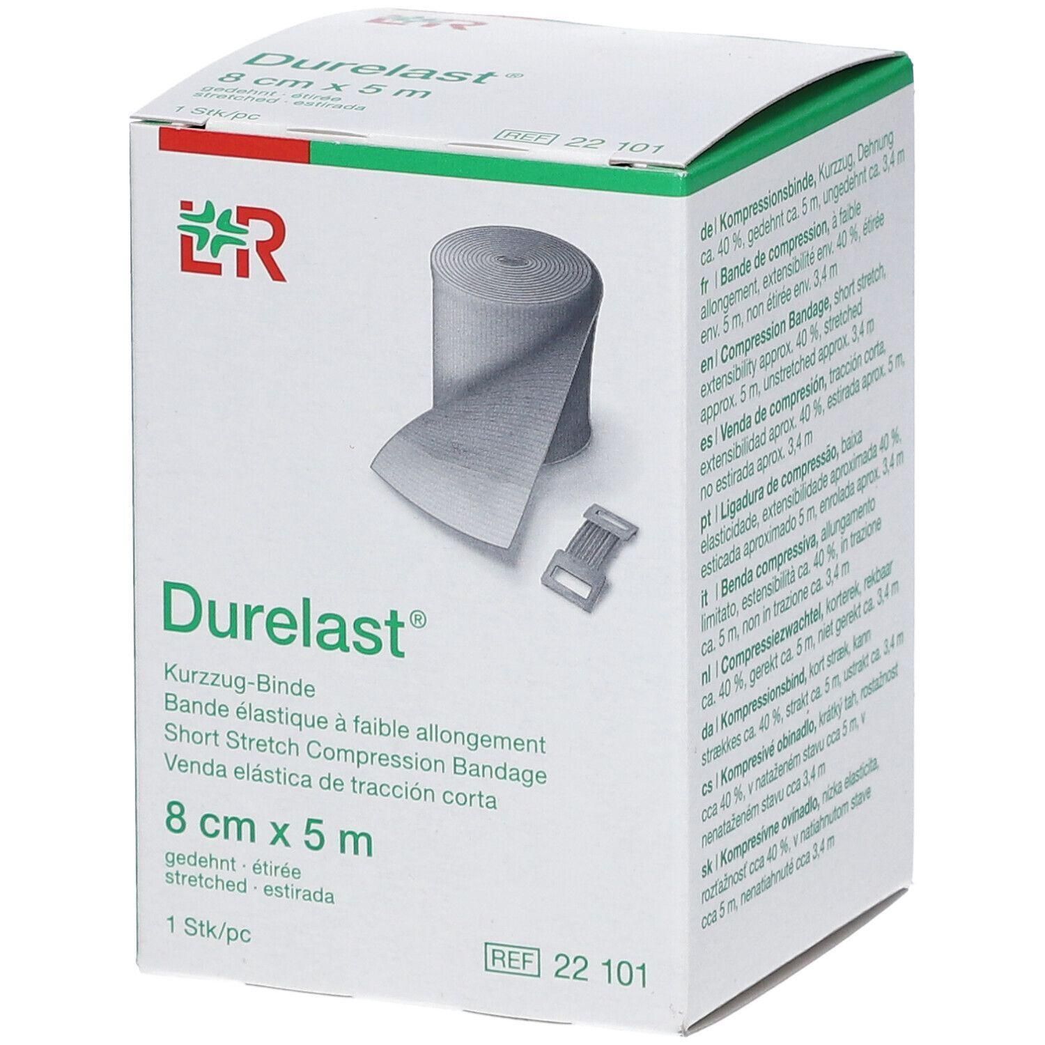 Verpakking van een Durelast compressiezwachtel, 8 cm x 5 m, met fixeerclip.