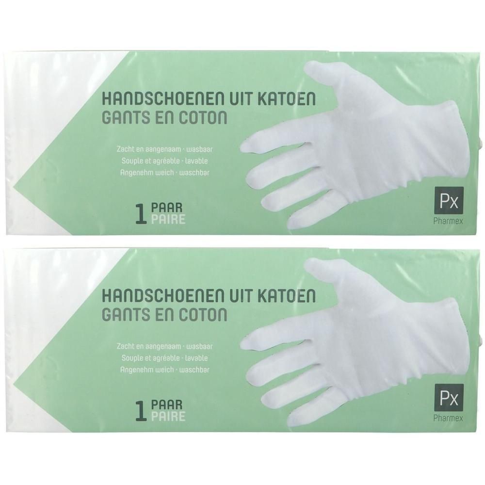 Twee paar witte katoenen handschoenen in verpakking. "HANDSCHOENEN UIT KATOEN" en "GANTS EN COTON" zijn afgedrukt.