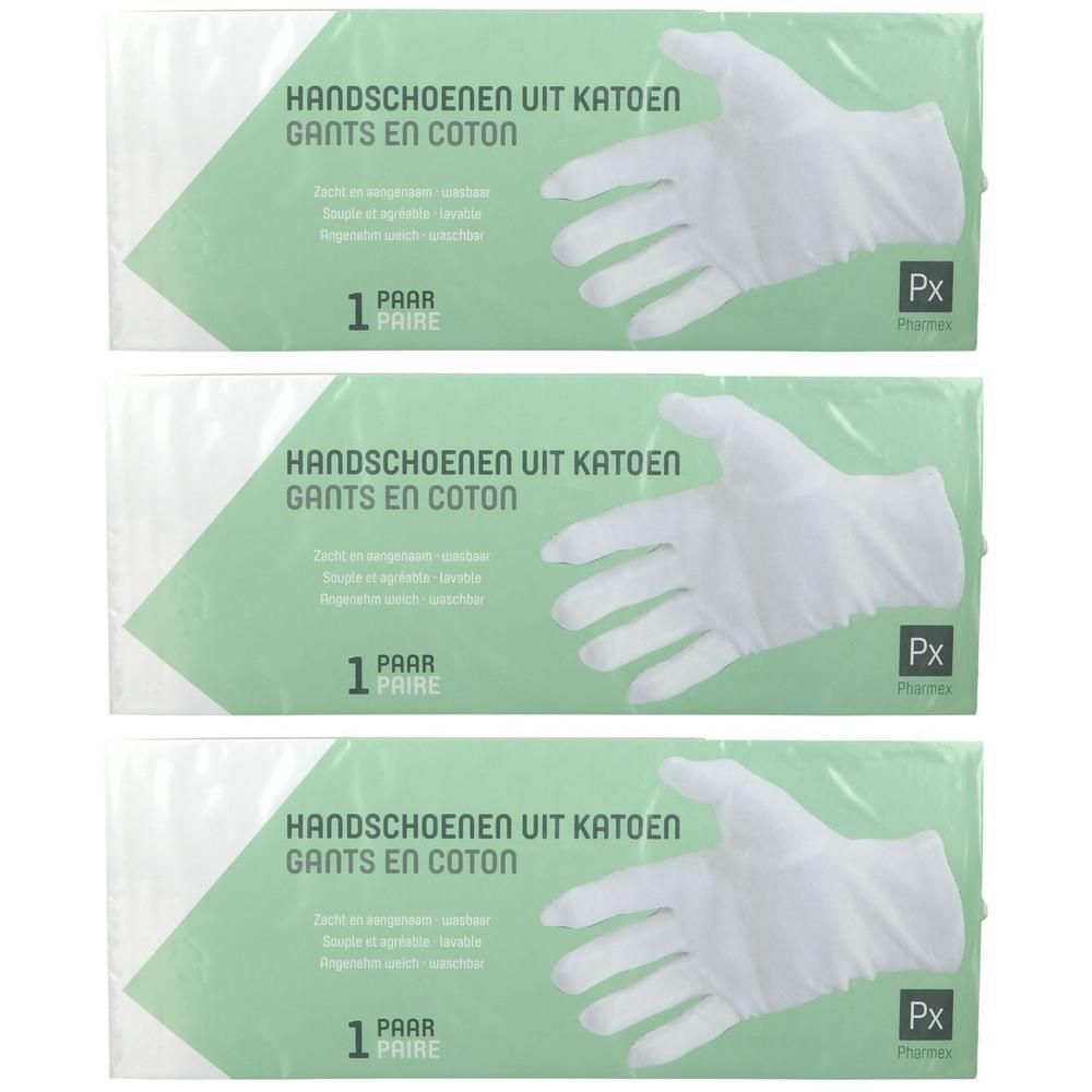 Trois paquets de gants en coton blancs, chacun pour une paire.