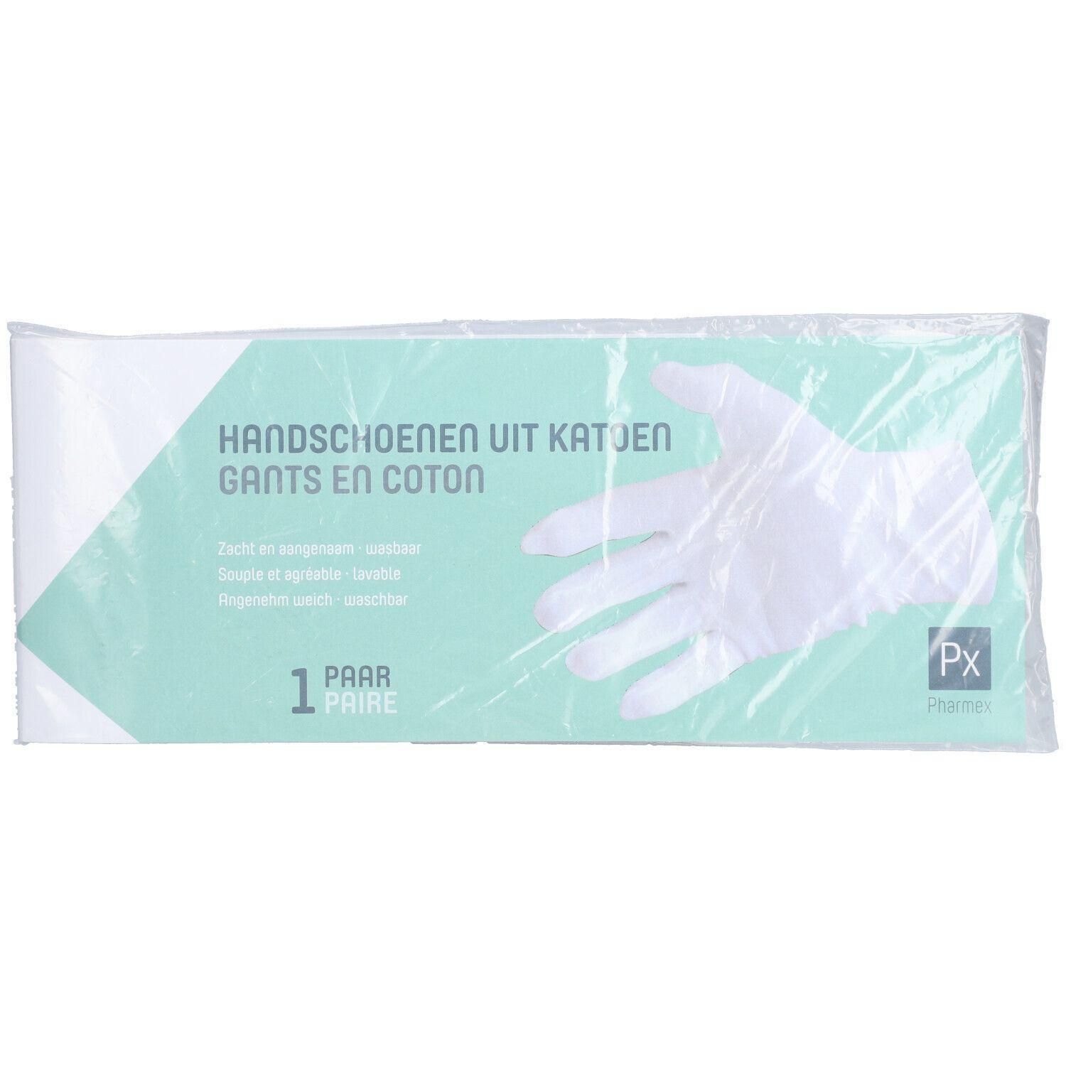 Verpakking met één paar witte katoenen handschoenen.