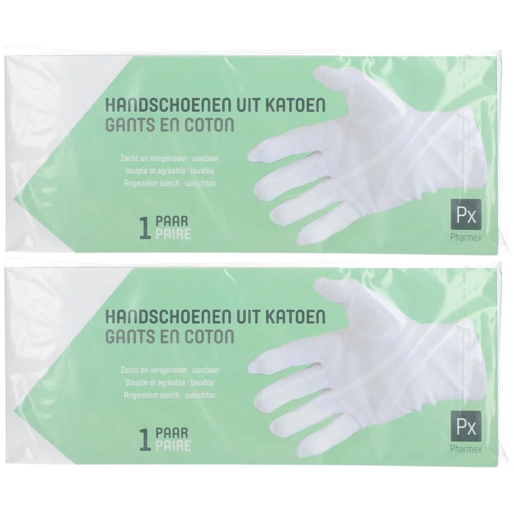 Deux paires de gants en coton blancs, emballés individuellement. Marque: Pharmex.
