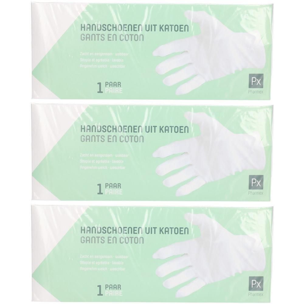 Drie pakken witte katoenen handschoenen, elk 1 paar.