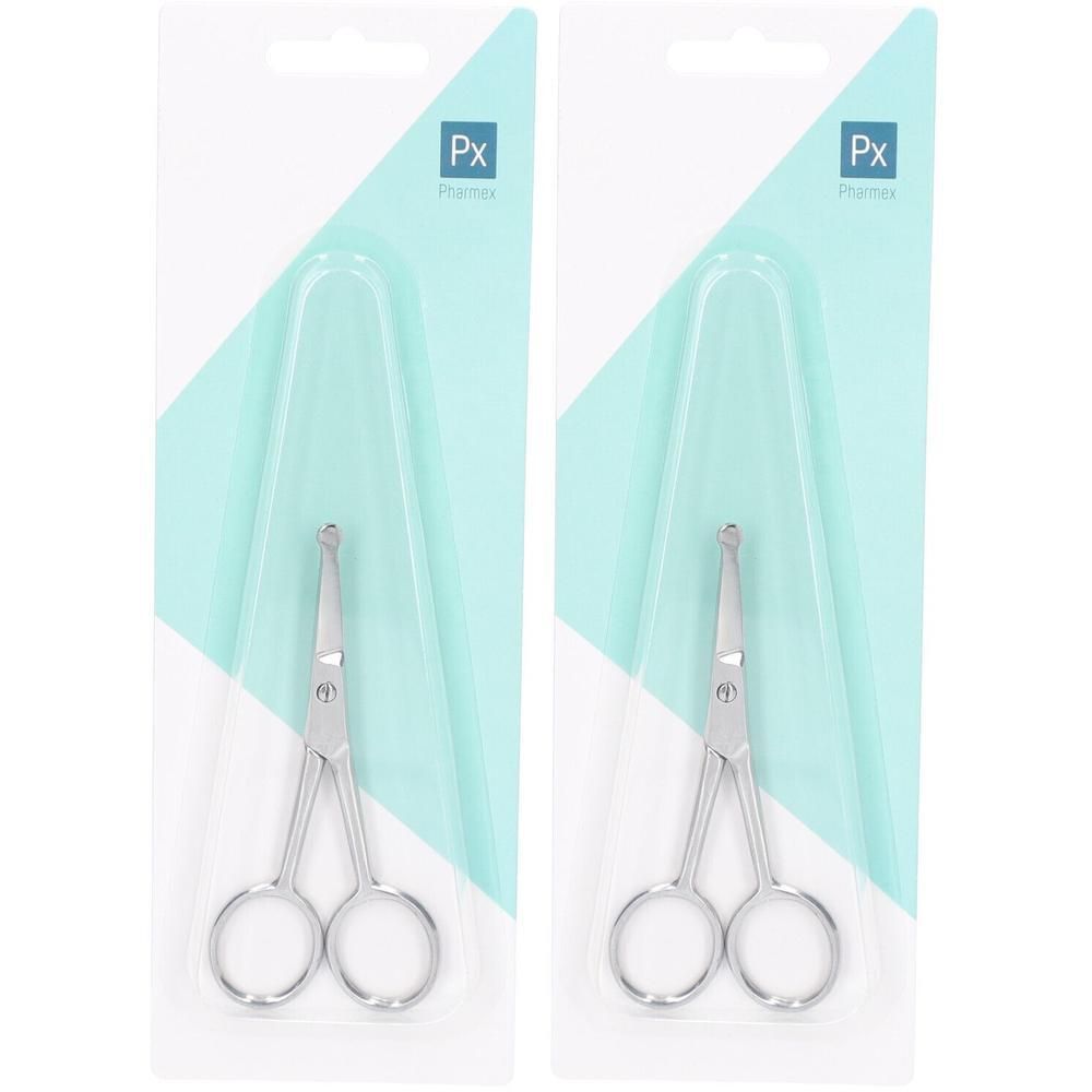 Deux petits ciseaux à poils de nez et d'oreilles en métal, sous blister.