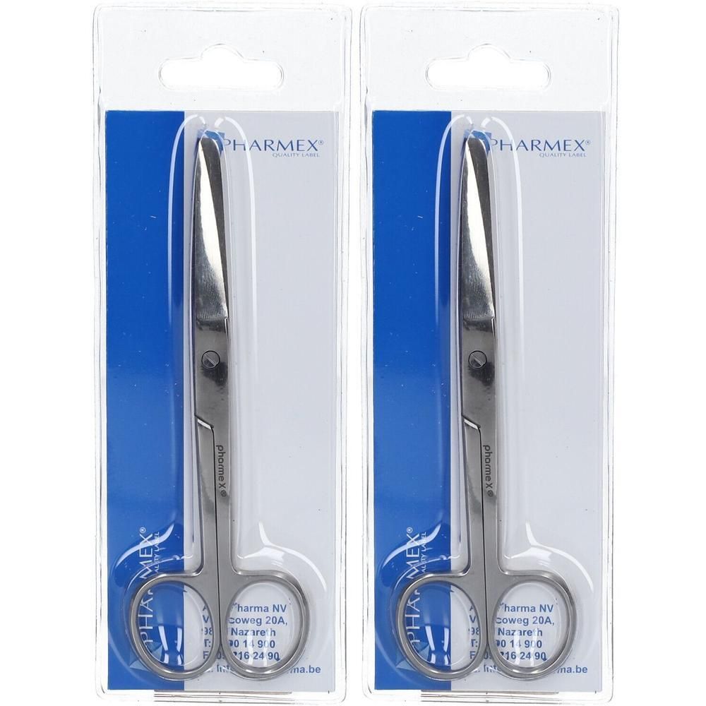 Twee chirurgische metalen scharen in blisterverpakking. Merk Pharmex.