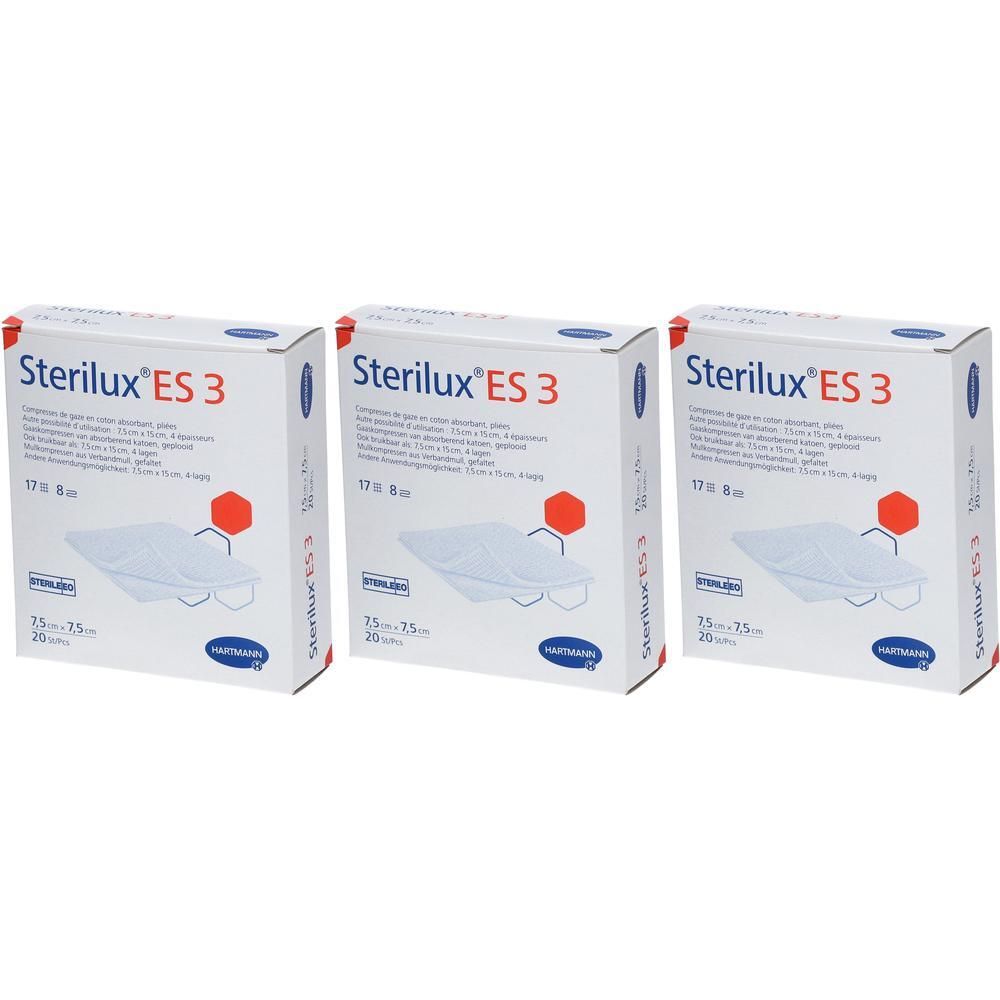 Drie pakken Hartmann Sterilux ES 3 steriele kompressen, 7,5 cm x 7,5 cm.