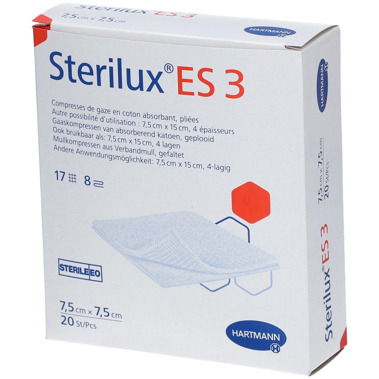 Verpakking van Sterilux ES 3 gaaskompressen, 7,5 cm x 7,5 cm, 20 stuks.