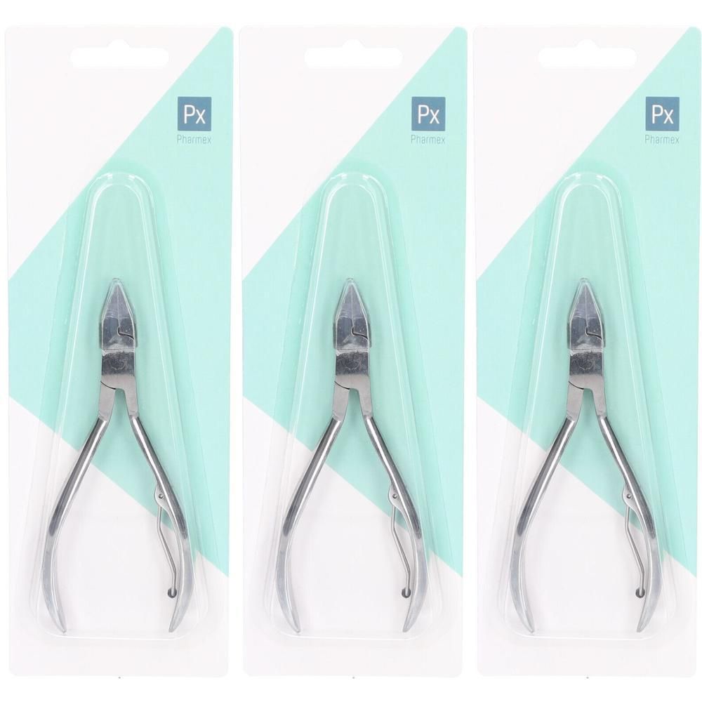 Drie metalen nagelknippers in blisterverpakking met 'Px Pharmex'-logo.