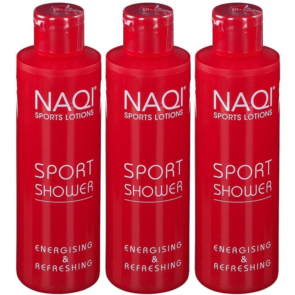 Trois bouteilles rouges NAQI Sport Shower avec inscription blanche.