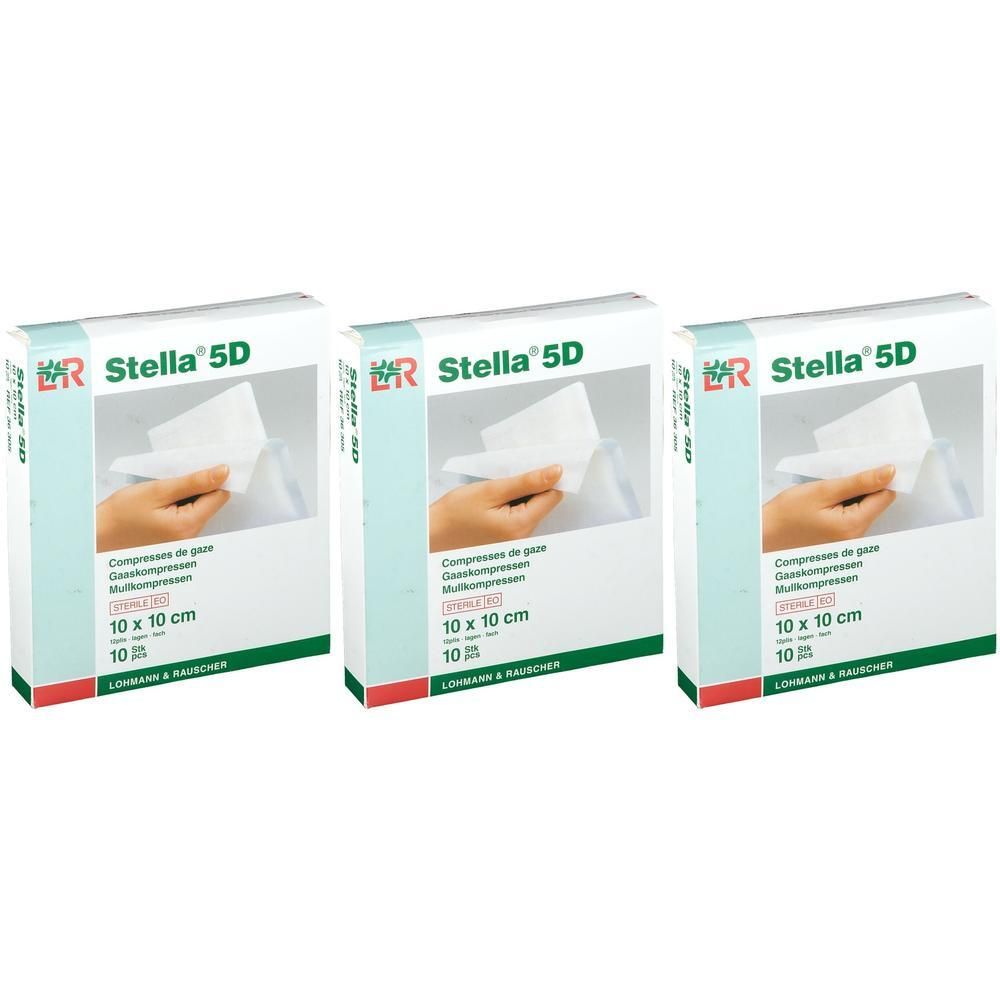 Trois paquets de compresses de gaze stériles Stella 5D, 10x10 cm.