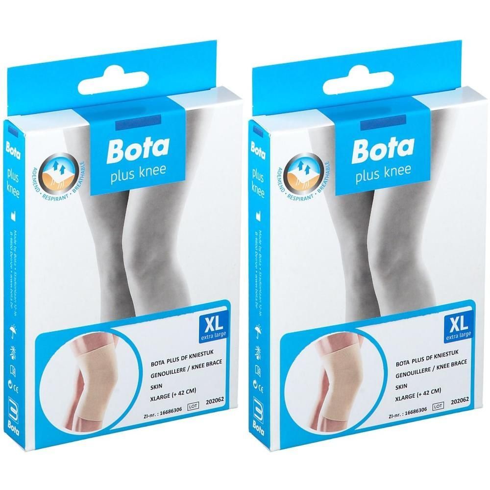 Twee verpakkingen Bota Plus kniebeschermers huidskleur, maat XL.