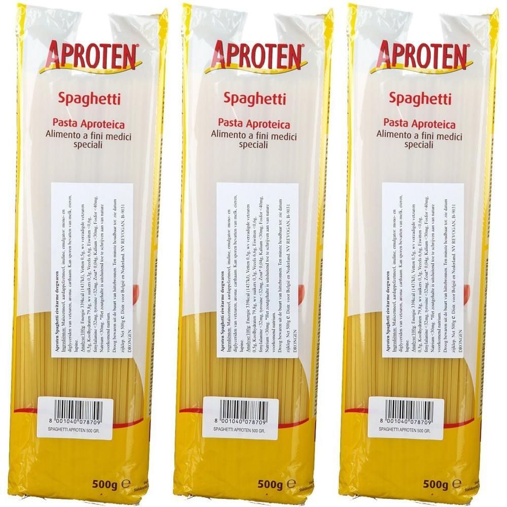 Trois paquets de spaghettis Aproten, chacun de 500g.