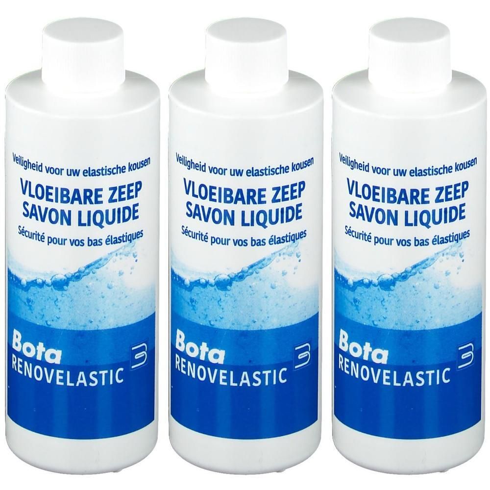 Trois flacons blancs de savon liquide pour bas élastiques. Bota Renovelastic.