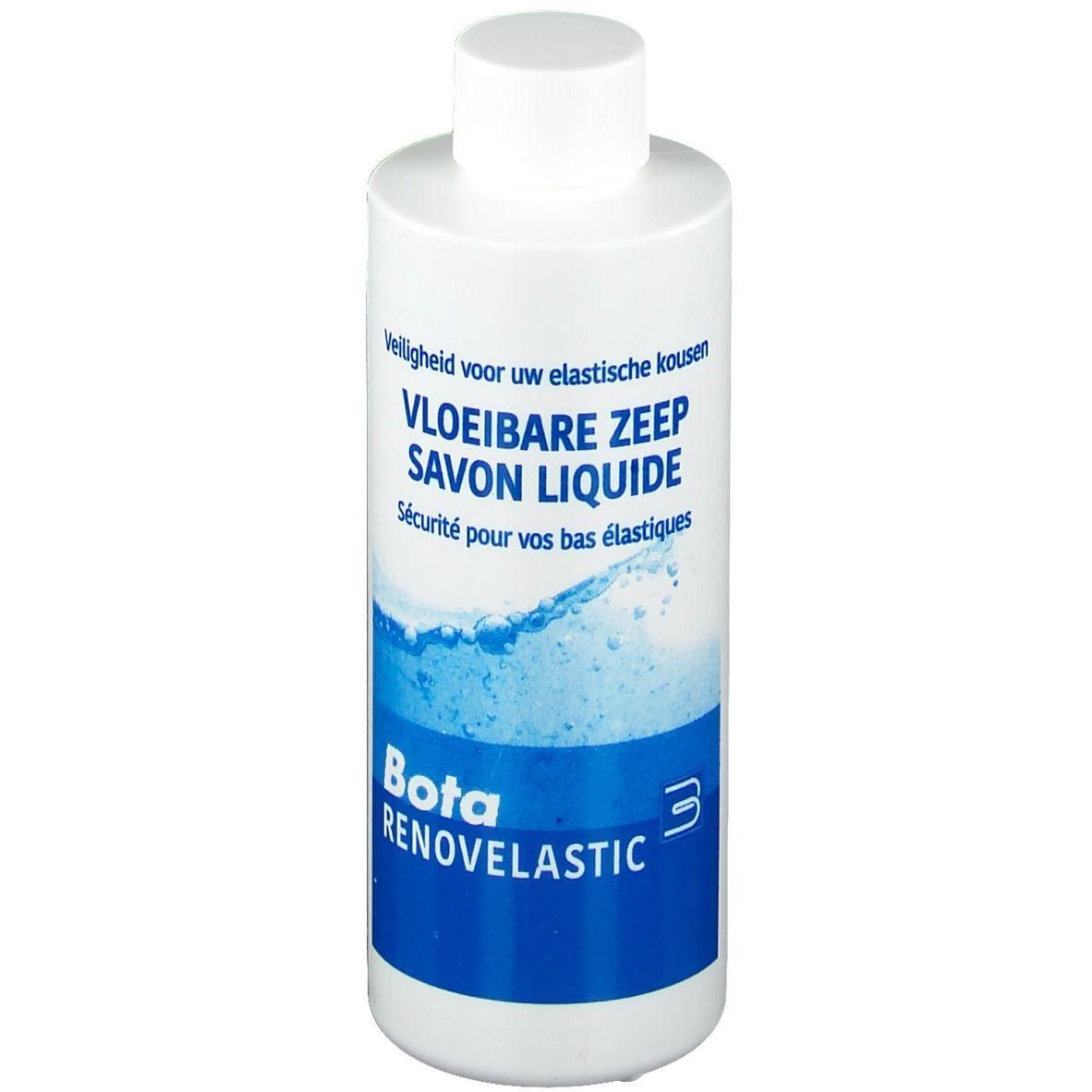 Bouteille blanche de savon liquide pour bas élastiques. Marque Bota Renovelastic.