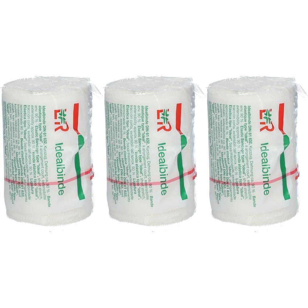 Trois rouleaux de bandages élastiques, emballés individuellement, avec bande rouge et verte.