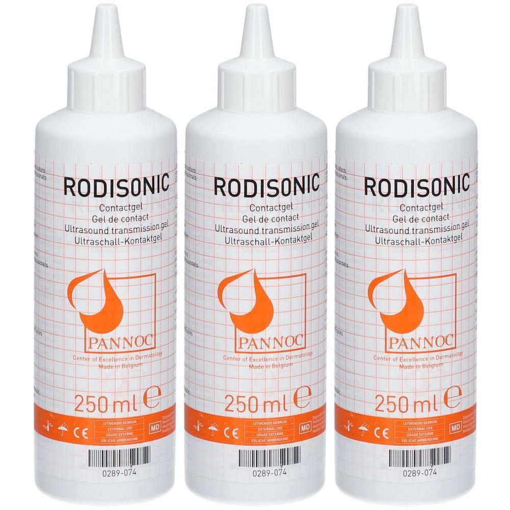 Trois flacons de gel de contact Rodisonic pour transmission ultrasonore, 250 ml chacun.