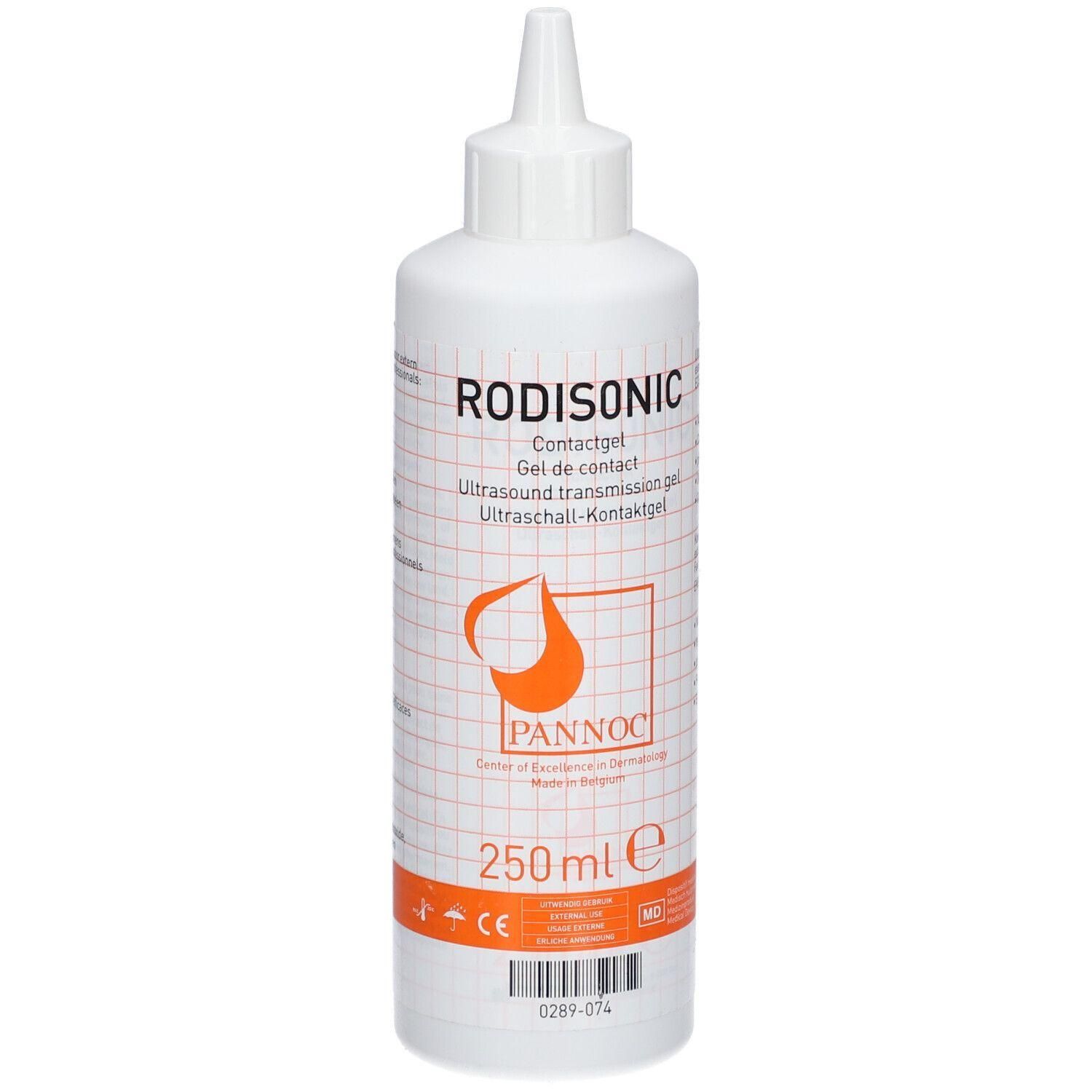 Flacon blanc de 250 ml de gel de contact pour ultrasons. Marque : RODISONIC.