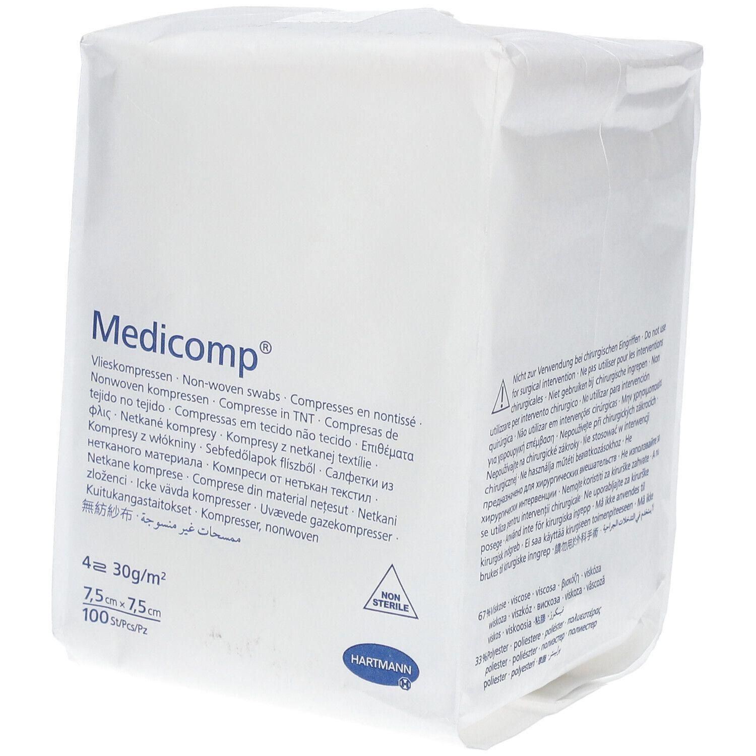Compresse Hartmann Medicomp non-tissées, 7,5 x 7,5 cm, 4 plis, 30g/m², 100 pièces.