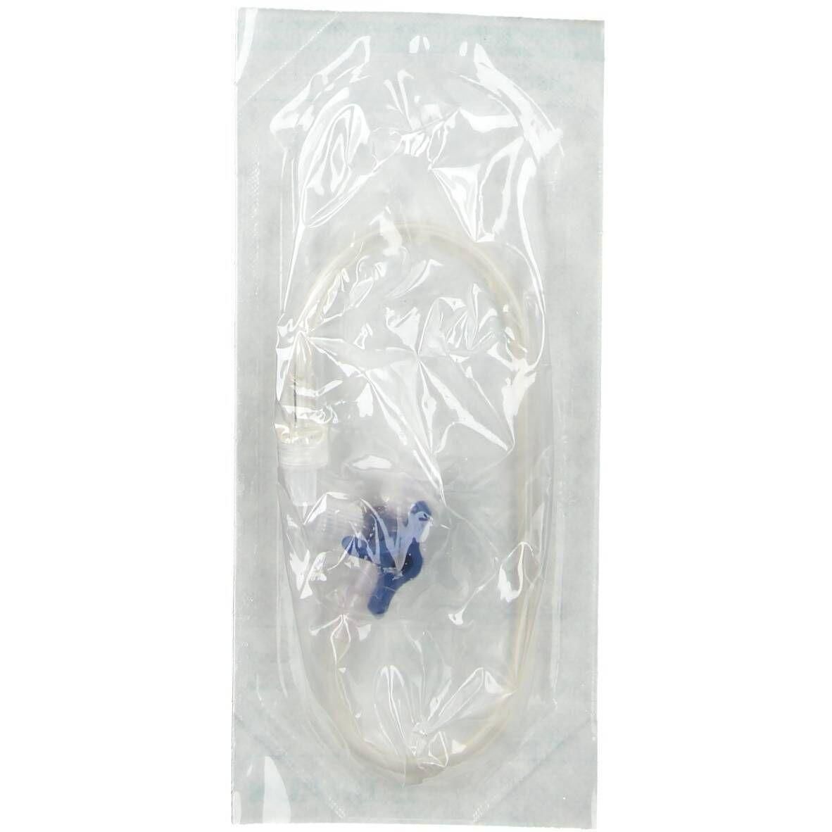 Robinet à 3 voies stérilisé avec tubulure de 25cm et levier bleu.