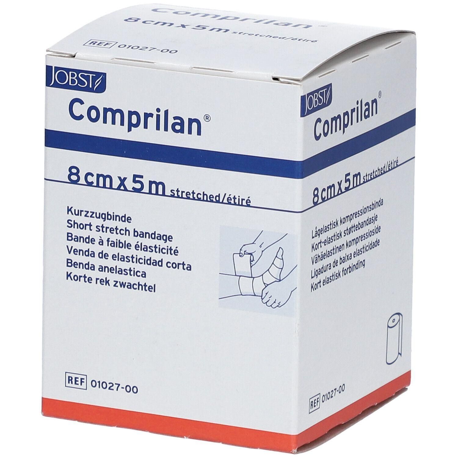 Doosje met compressieverband Comprilan, 8cm x 5m. Illustratie van een hand die een verband aanbrengt. Merk JOBST.