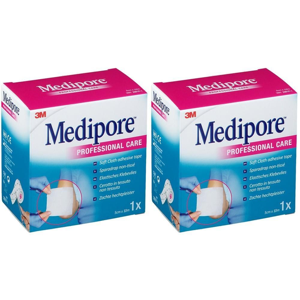 Deux boîtes de ruban adhésif doux Medipore de 3M pour soins professionnels.