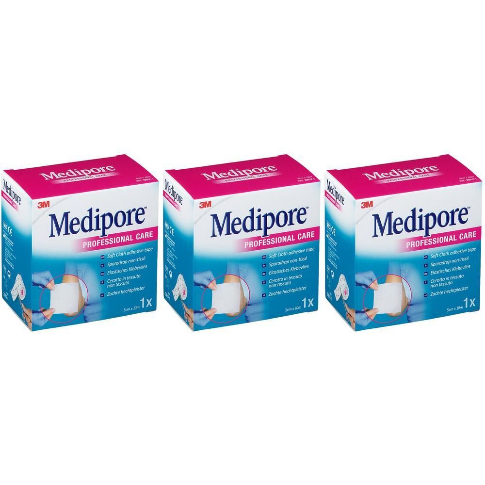 Trois boîtes de sparadrap chirurgical 3M Medipore.