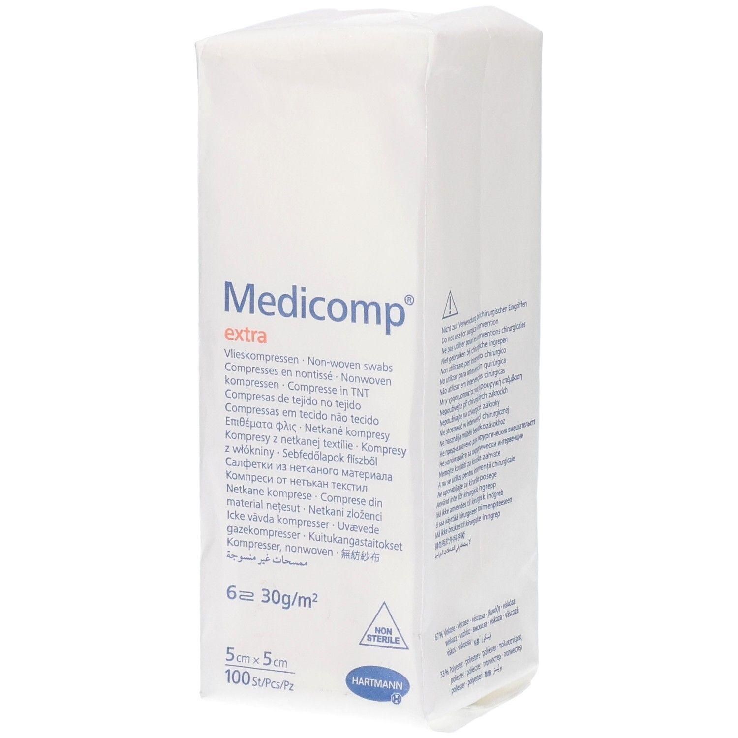 Hartmann Medicomp extra Vlieskompressen, 6 stuks, 5x5cm, 30g/m², niet steriel.