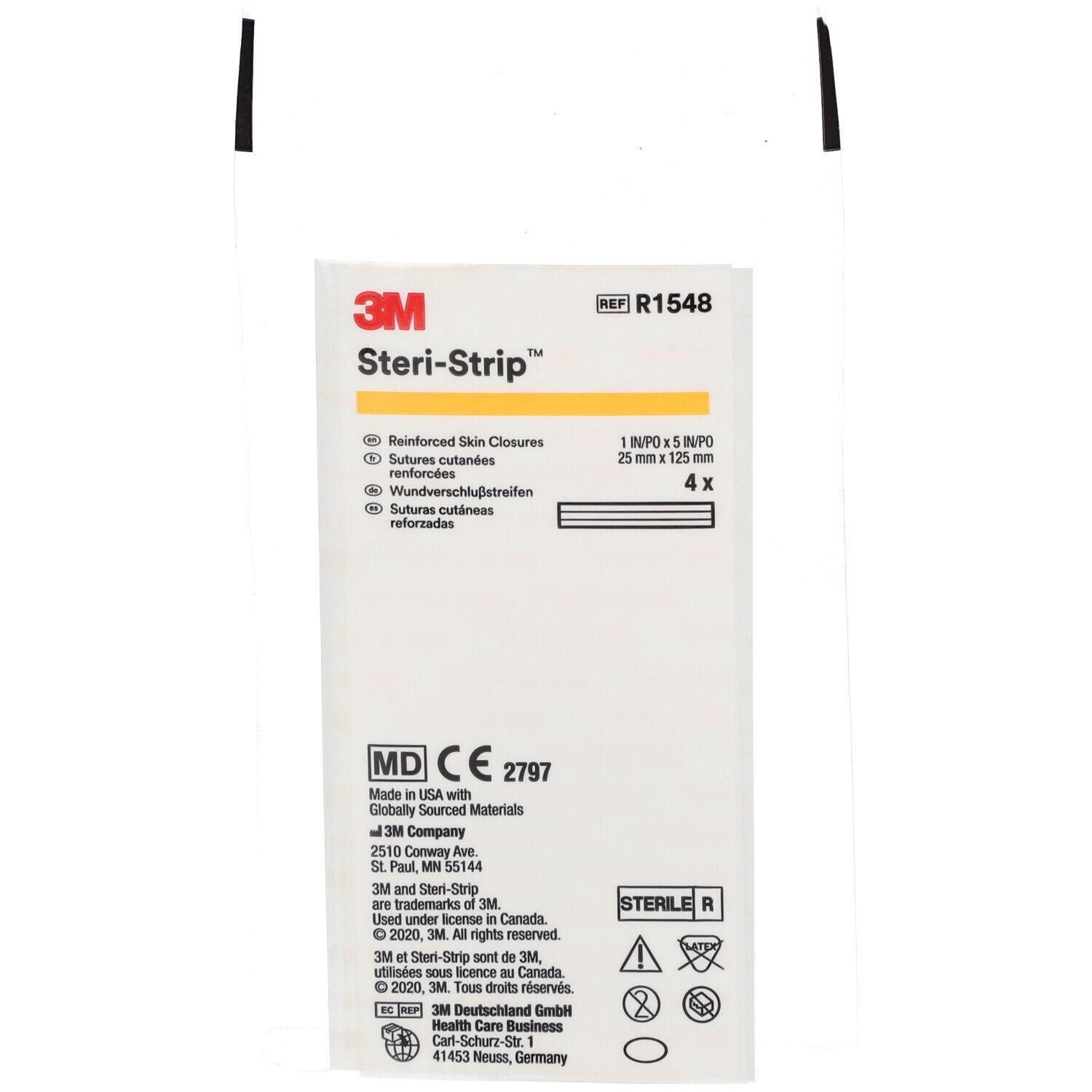 Emballage de 3M Steri-Strip, sutures cutanées renforcées, 4 pièces, 25 mm x 125 mm.