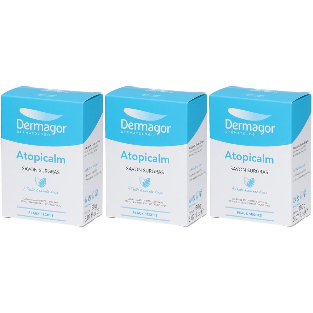 Drie pakken Dermagor Atopicalm Savon Surgras zeep voor droge huid.