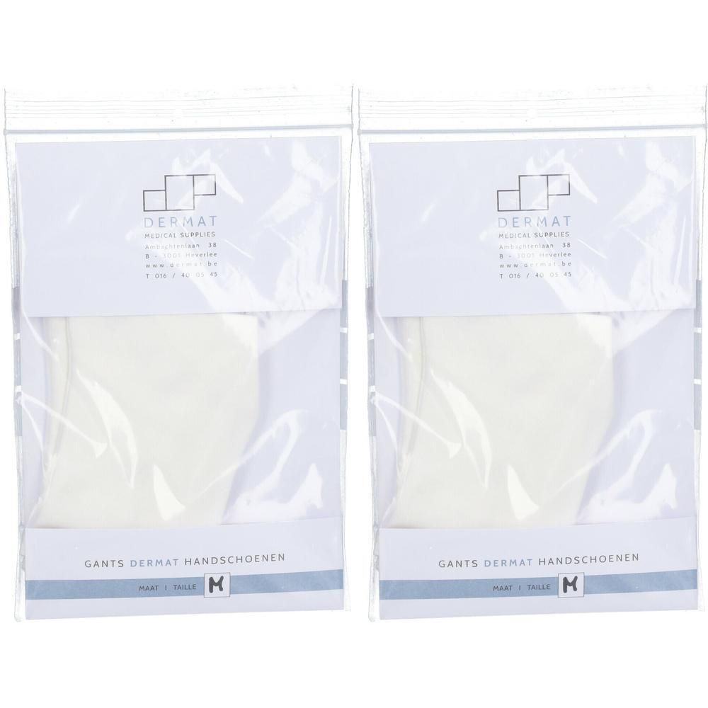 Deux paires de gants en coton blanc Dermat, emballés individuellement.